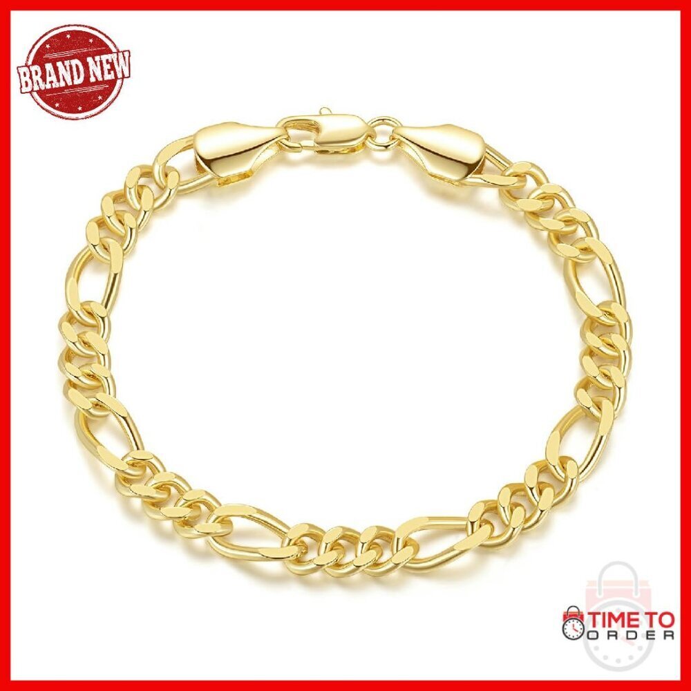14K Gold Figaro Chain Bracelet Lobster Clasp 6.5-9in Stackable